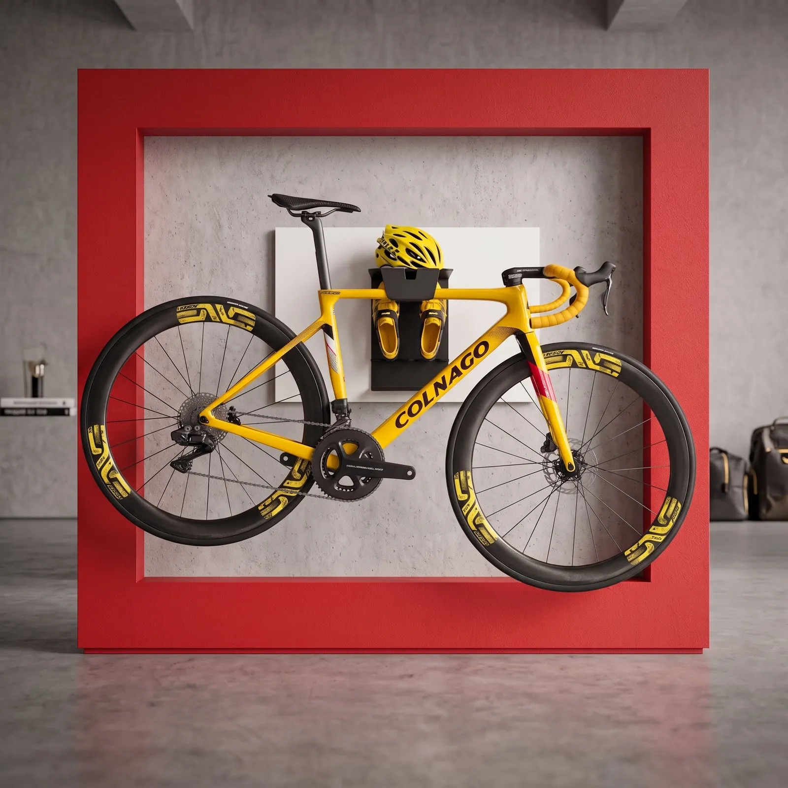 Black powder-coated wall dock holding a yellow road bike, with a helmet and shoes on its shelf