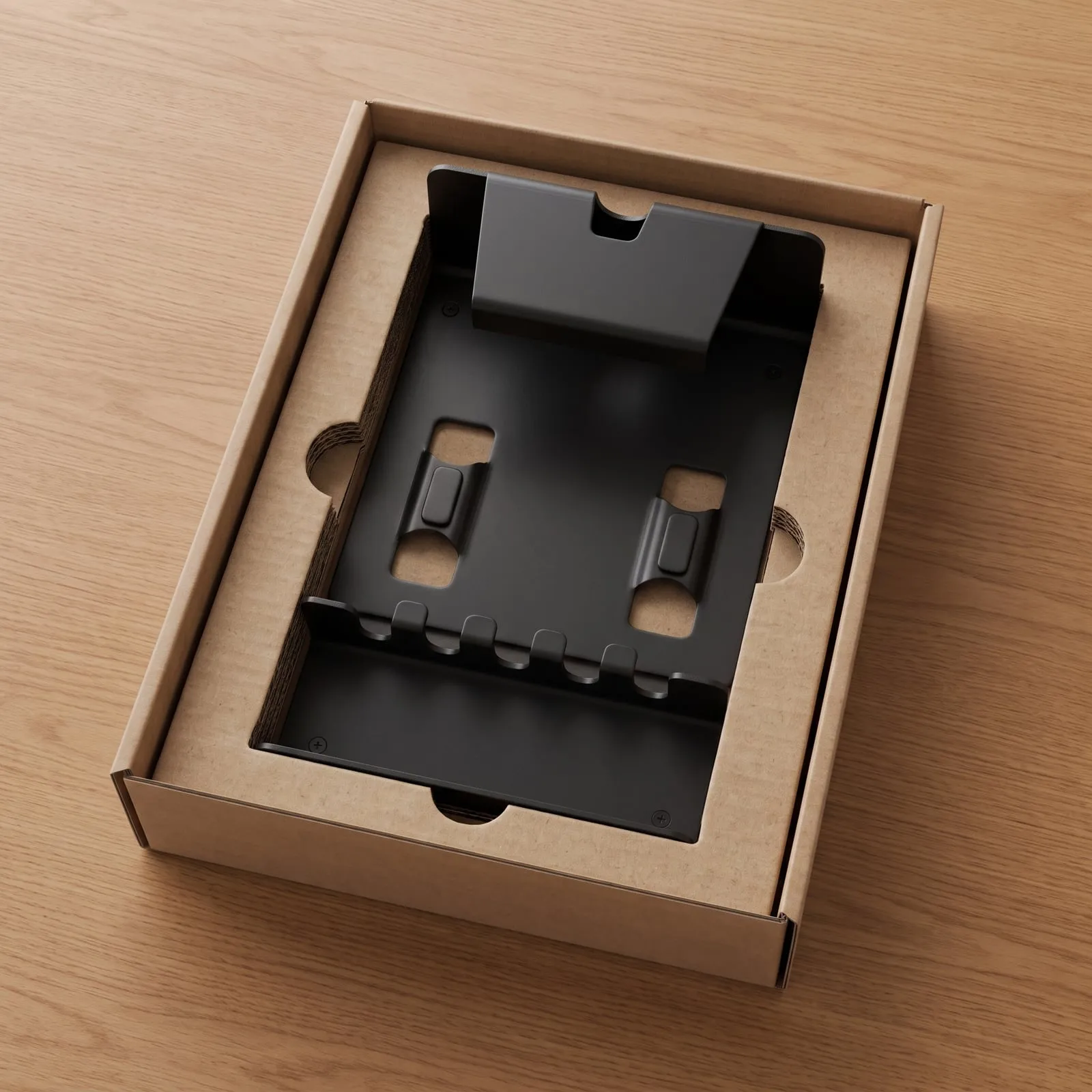 Black bike dock in its cardboard box, held in place by a die-cut insert