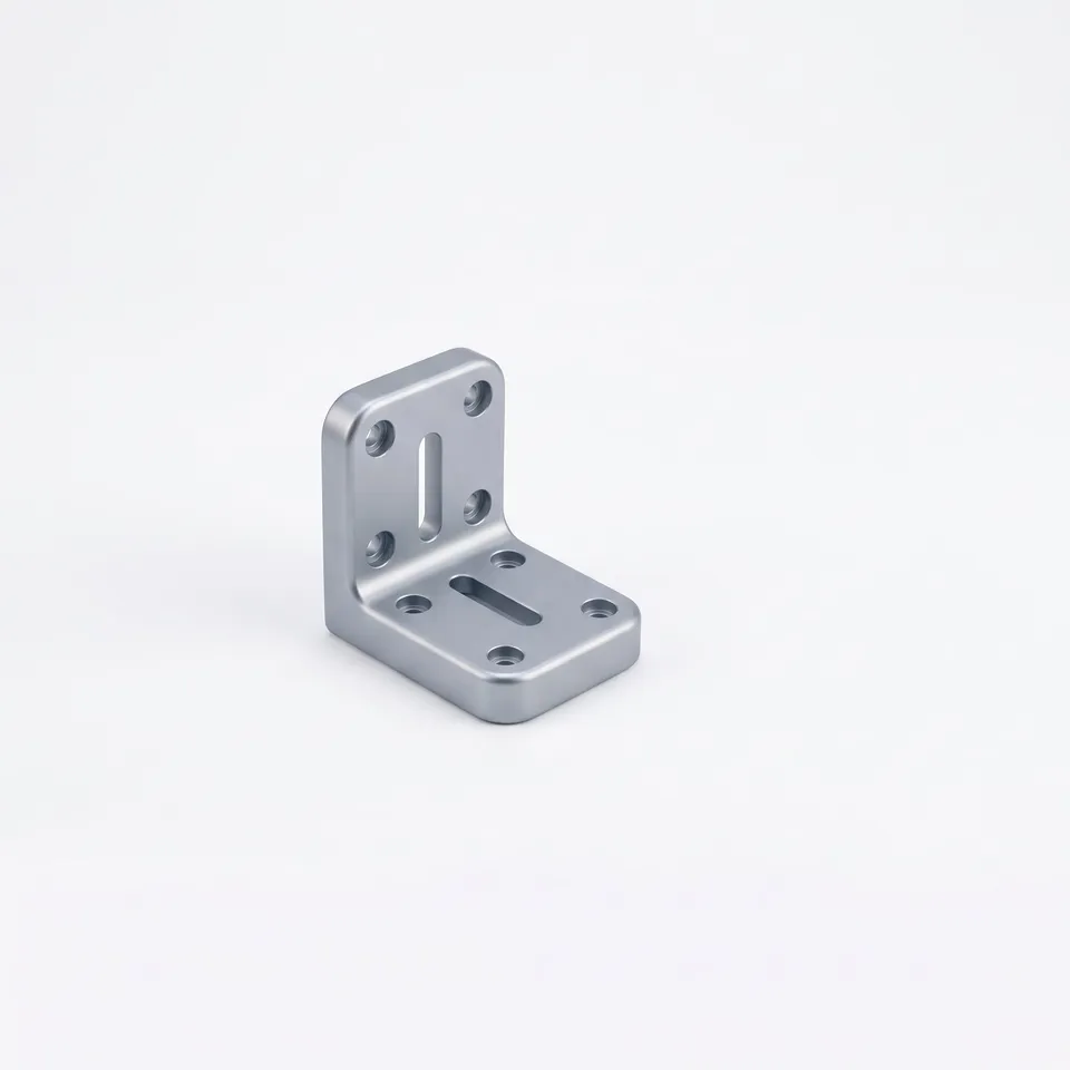 A CNC-milled aluminum angle bracket with slots and holes, bead blasted and anodized