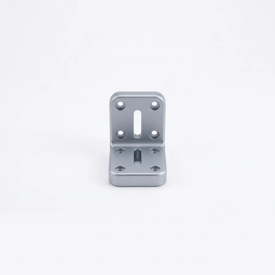 A CNC-machined aluminum angle bracket, bead-blasted and anodized