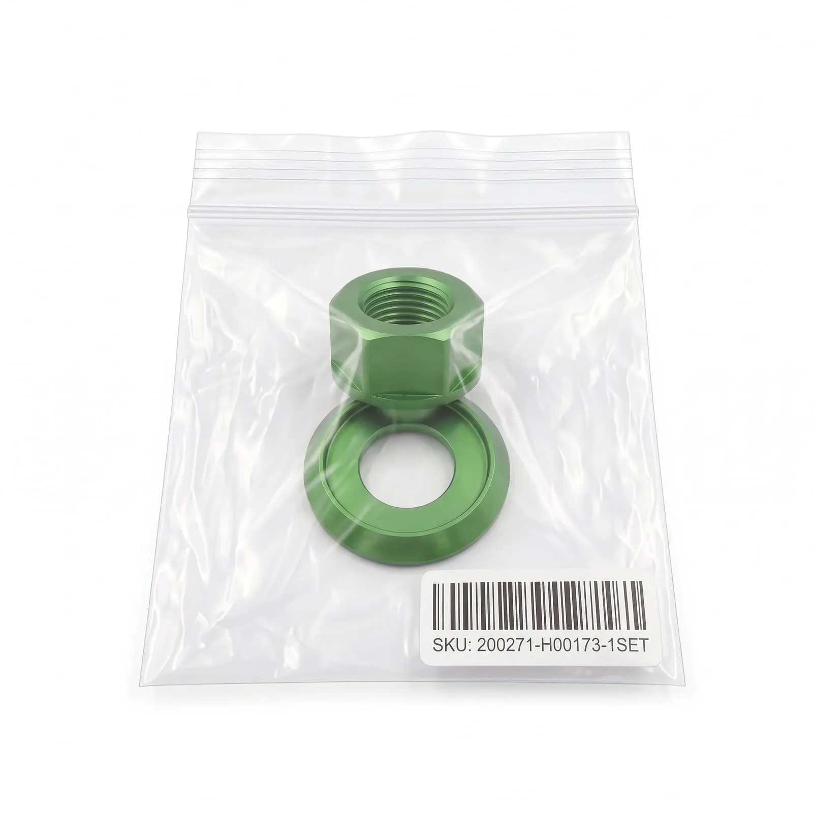 Dado flangiato anodizzato verde sigillato in una busta con la sua etichetta SKU