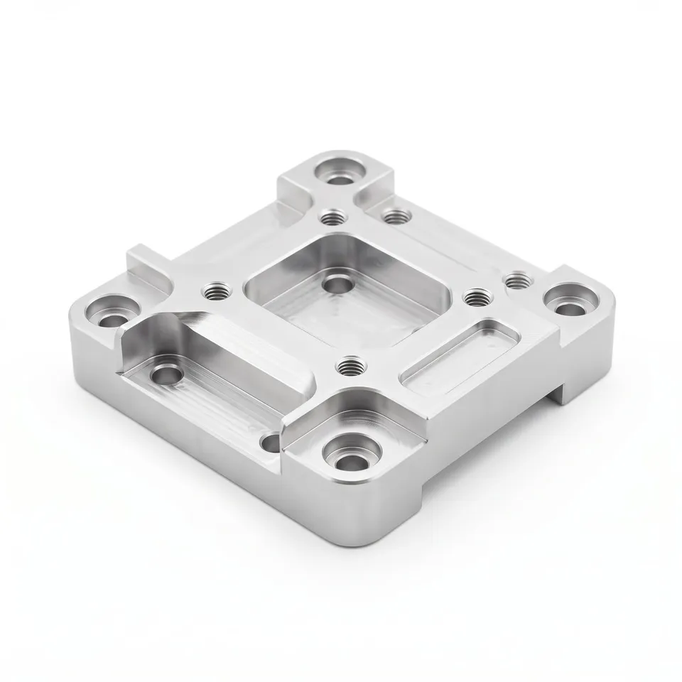 A CNC-machined aluminum mounting plate with pockets and tapped holes — As machined