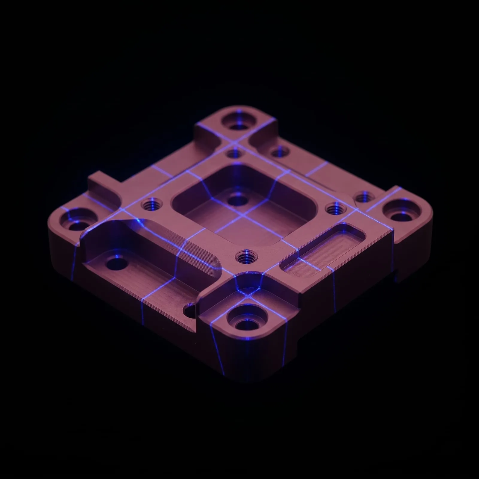 Anodized aluminum mounting plate under the laser lines of a 3D metrology scanner