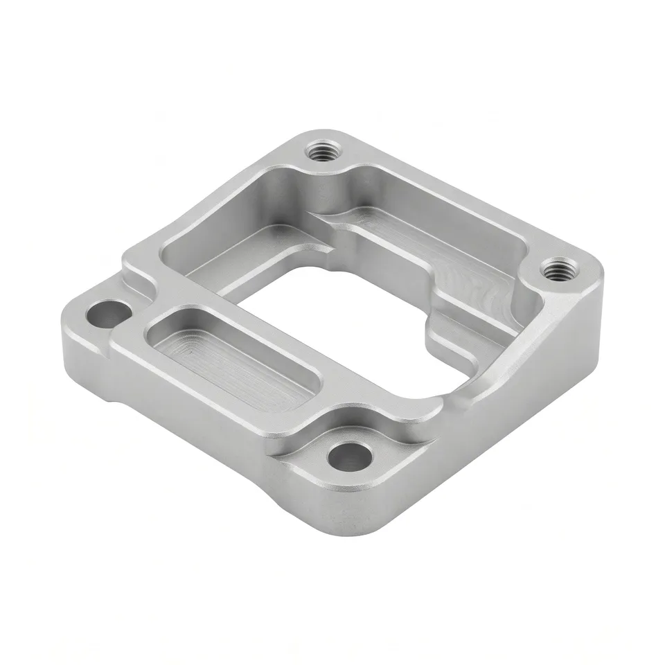 Ein CNC-gefrästes Aluminiumteil mit Taschen und Bohrungen, perlgestrahlt