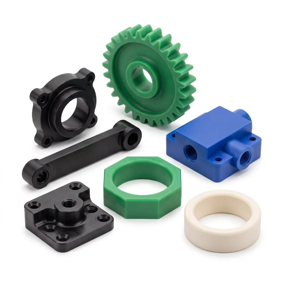 CNC-machined nylon parts: a gear, bushings, a link and two housings
