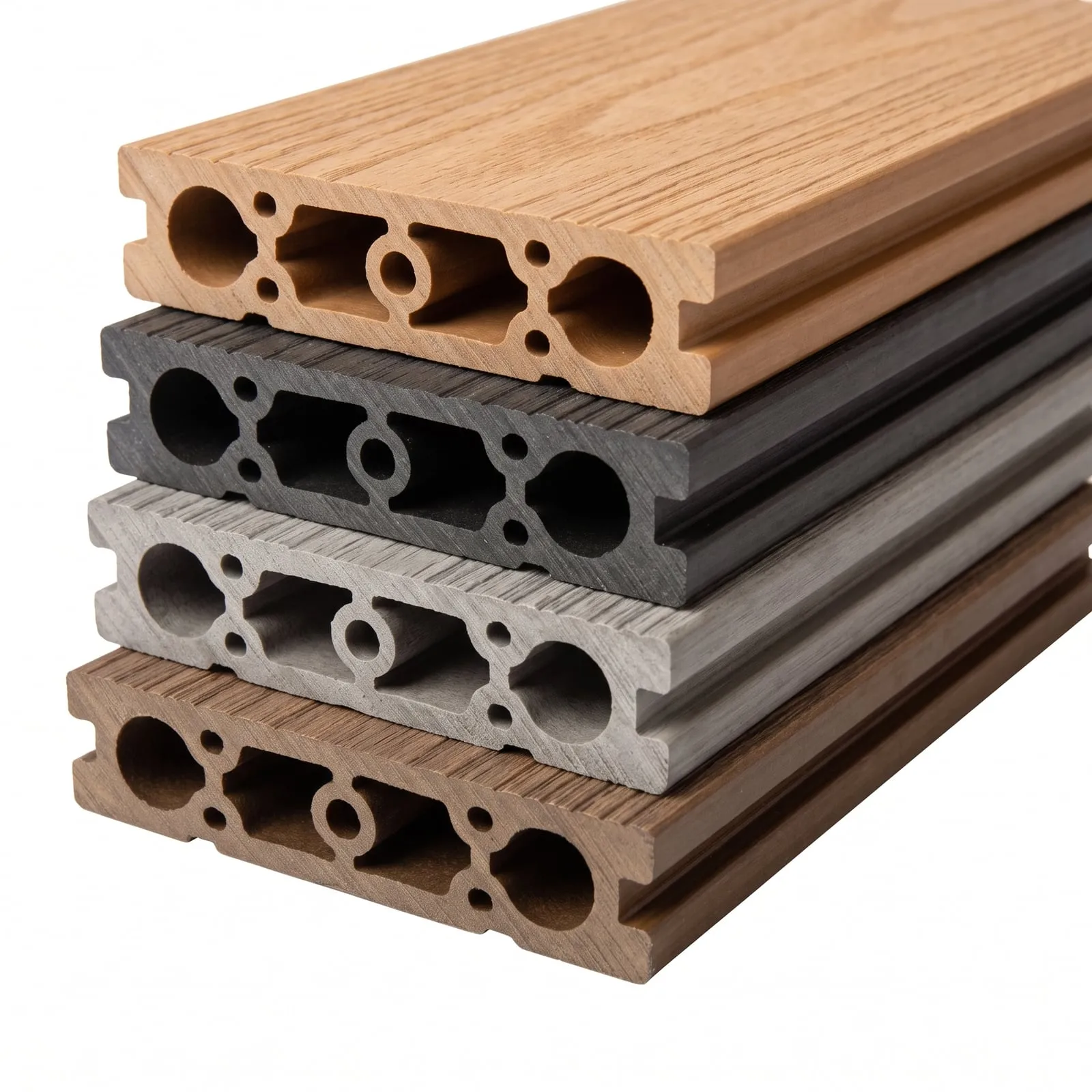 Perfils d’entarimat de plàstic extrudit en diversos tons fusta i gris