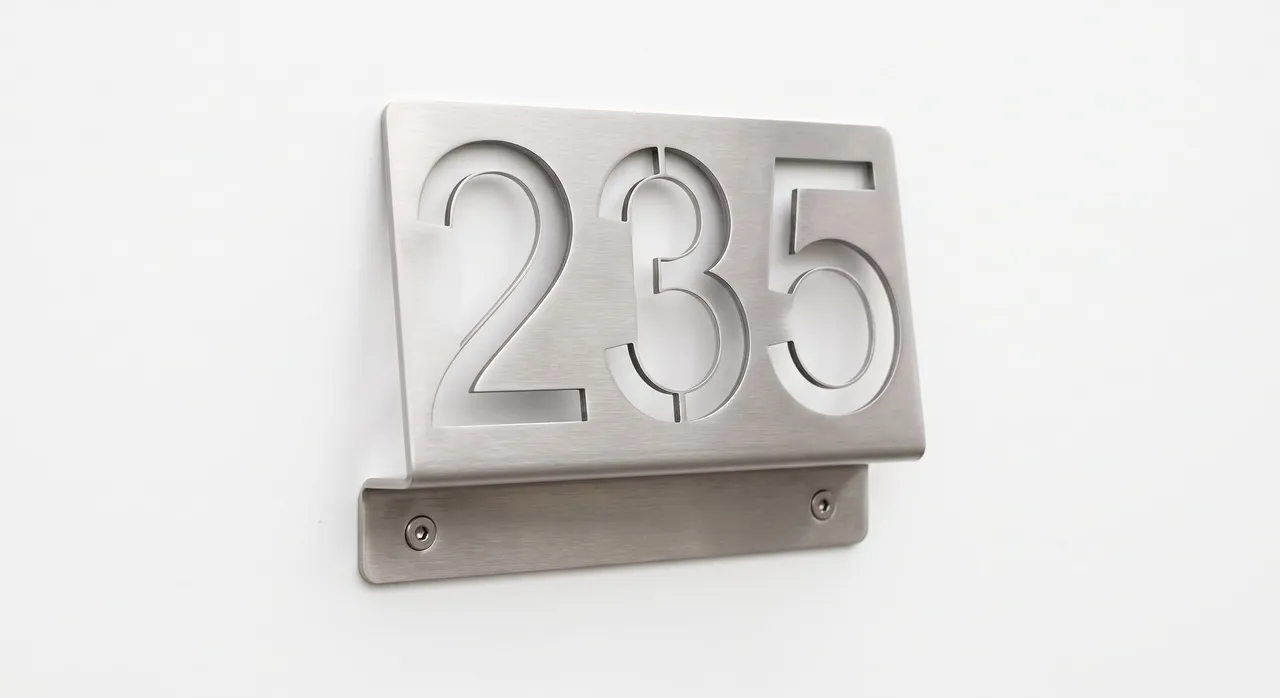 Ein Zimmernummernschild, lasergeschnitten und gekantet in gebürstetem Edelstahl