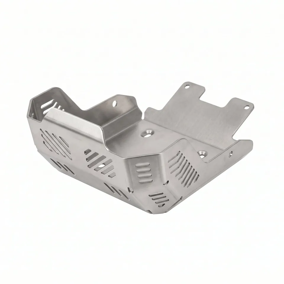 A laser-cut and bent stainless steel skid plate, brushed